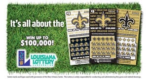 Three Saints themed scratch off games on a green grass background with text that reads "It