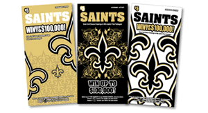Three Saints themed scratch off tickets on a white background