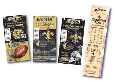  of Saints scratch-off and fast play tickets fanned out on a white background