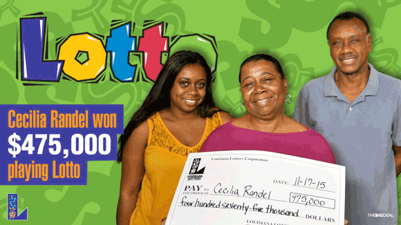 Two women and a man hold an oversized check and smile in front of a green Lotto background