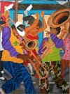 Artistic, colorful depiction of musicians and dancers