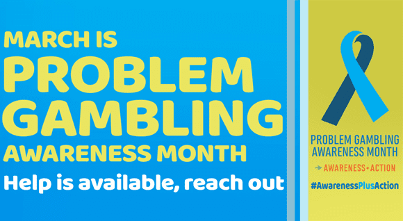 Blue and yellow advertisement for Problem Gambling Awareness Month
