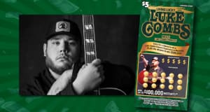 Advertisement for the Luke Combs Second chance drawing promotion, with a black and white image of Luke Combs and a sample ticket on a green background