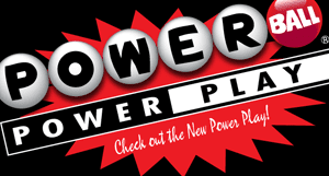 Powerball Powerplay logo on a black background with a red zap shape