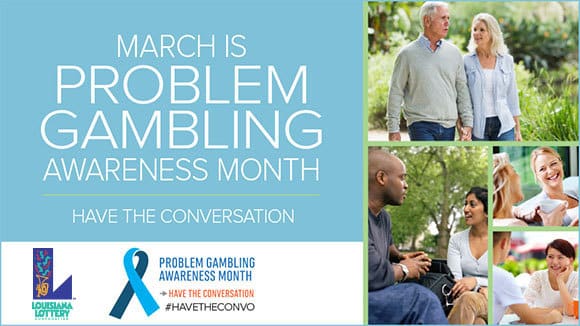 Advertisement for Problem Gambling Awareness Month, with images of people walking, laughing, and talking outdoors