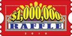Red raffle ticket with yellow text reading $1,000,000 and purple text reading Raffle