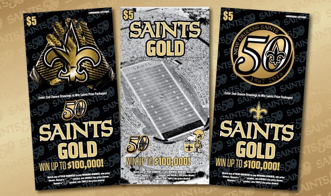Three Saints themed scratch off tickets on a gold Saints 50th anniversary branded background