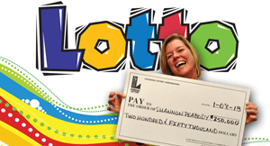 Woman poses excitedly with an oversized check in front of a rainbow Lotto background
