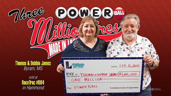 Man and woman pose with oversized check in front of red background that reads "Three Powerball Millionaires Made in Louisiana"