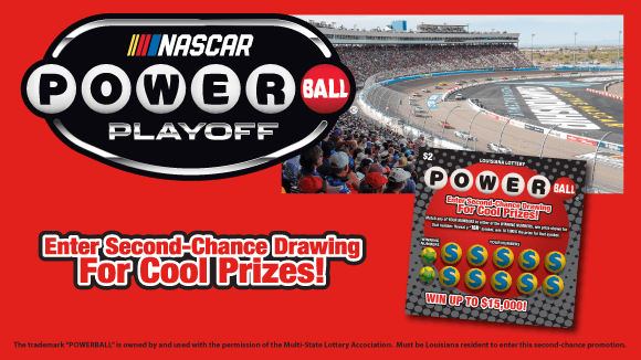 Advertisement for the Nascar Powerball Playoff promotion, featuring an image of a crowded racetrack, a powerball ticket, and text about the Second Chance drawing