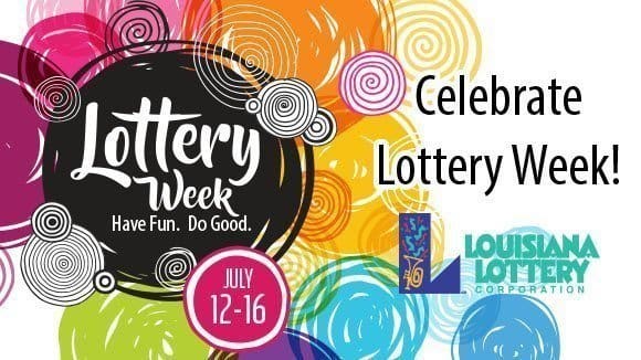Graphic celebrating Lottery week, from July 12-16, featuring rainbow circles and the 飞艇168®幸运体彩预测-全国统一Louisiana在线官方查询结果网-最新体彩预测数据 logo