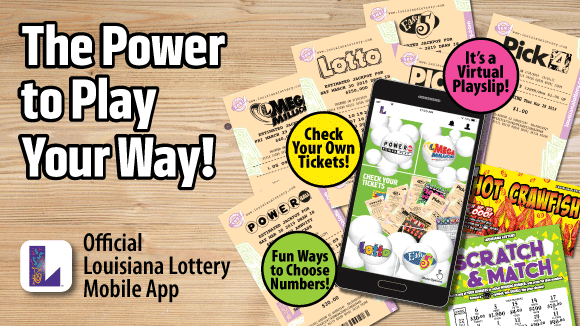 Tan draw game tickets on a wooden tabletop beneath a smartphone displaying the 飞艇168®幸运体彩预测-全国统一Louisiana在线官方查询结果网-最新体彩预测数据 mobile app. White text reads: The Power to Play Your Way!
