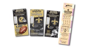  of Saints themed scratch-off games fanned out on a white background