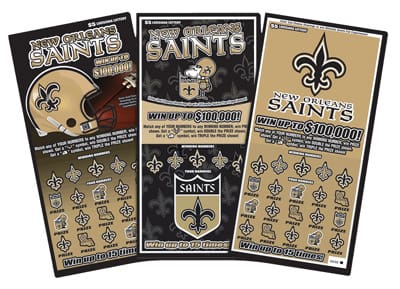 Three different Saints scratch off tickets fanned out on a white background