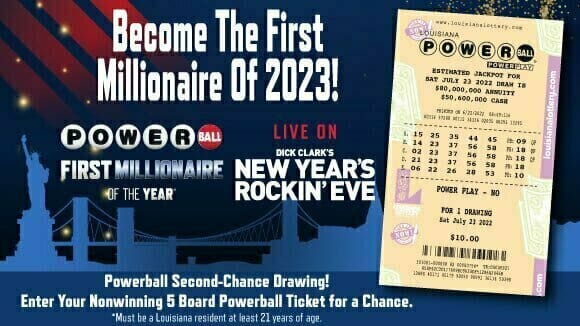Tan powerball ticket on a blue and red NYC themed background with text that describes the Powerball First Millionaire of the Year promotion