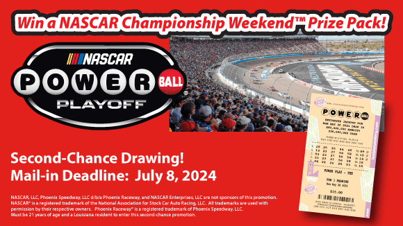 Advertisement for the Nascar Powerball Playoff promotion, featuring an image of a crowded racetrack, a powerball ticket, and text about the Second Chance drawing