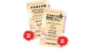 Two tan powerball tickets on a white background advertising a buy one get one holiday bonus