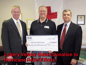 Three men pose with a giant check in front of a white banner with the Red Cross logo. Red text reads "Lottery Vendor Makes Donation to Hurricane Relief Efforts"