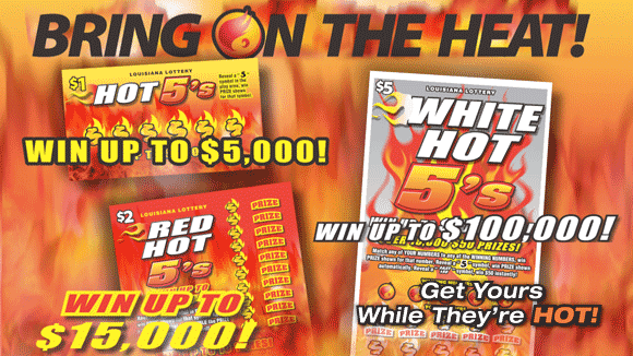 Advertisement for White Hot 5s game, with sample tickets, prize amounts, and "Bring on the Heat!" on a fire background
