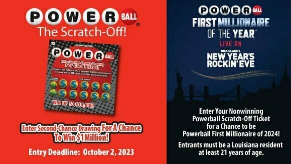 Split page advertisement for the Powerball Scratch Off game and the Powerball First Millionaire of the Year promotion