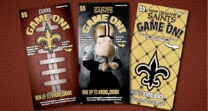 Three Saints themed scratch off games on a brown, football surface