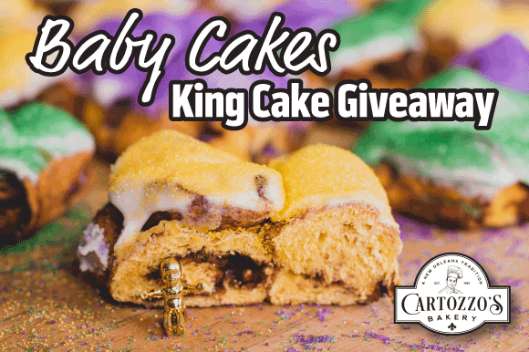 King cakes on a wooden table, some blurred in the background, below text that reads "Baby Cakes King Cake Giveaway" with a Cartozzo