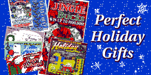 Holiday themed scratch off tickets on a blue background with white snowflakes and white text that reads "Perfect Holiday Gifts"