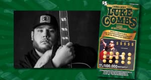 Advertisement for the Luke Combs Second chance drawing promotion, with a black and white image of Luke Combs and a sample ticket on a green background