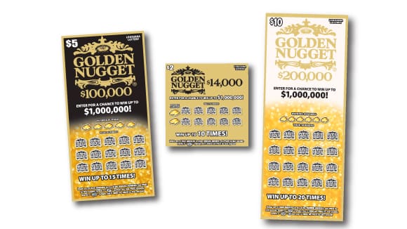 Three golden nugget themed scratch off tickets appear side by side on a white background