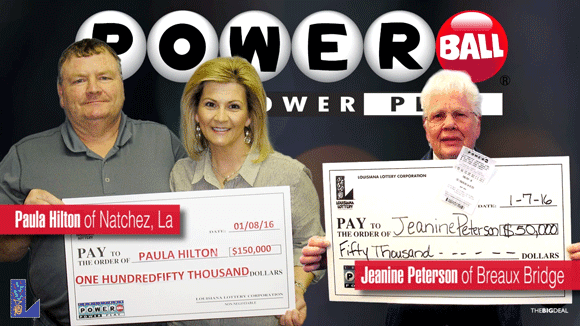 A couple and a man each hold oversized checks in front of a black Powerball branded background