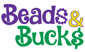 Purple, yellow, and green text that reads "Beads & Bucks"