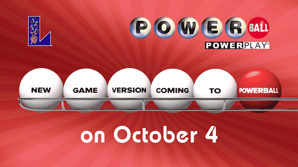 Powerball balls in a rack, each one reading one of the following words: 