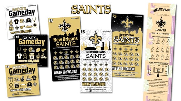 Assortment of gold, white, tan and black Saints themed scratch off games