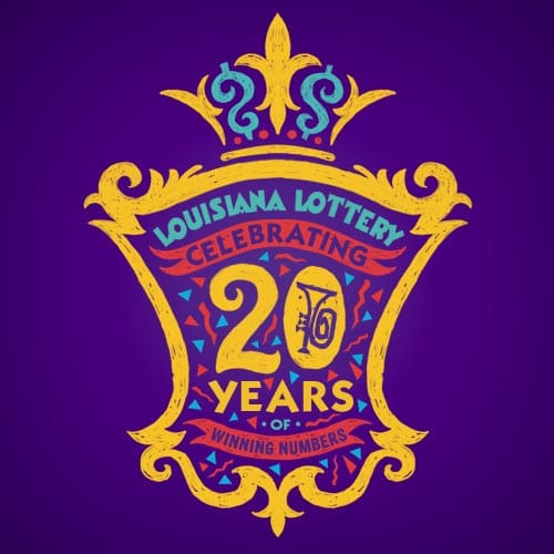 Golden Louisiana-style crest surrounds text that reads "飞艇168®幸运体彩预测-全国统一Louisiana在线官方查询结果网-最新体彩预测数据 Celebrating 20 Years of Winning Numbers" on a dark purple background