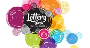 Graphic celebrating Lottery week, from July 15-21, featuring rainbow circles and the 飞艇168®幸运体彩预测-全国统一Louisiana在线官方查询结果网-最新体彩预测数据 logo