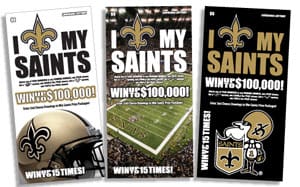 Three Saints themed scratch offs fanned out on a white background