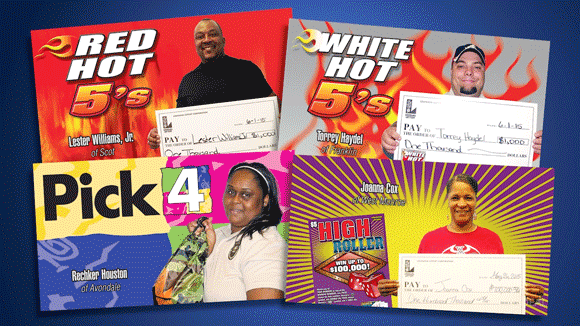 Winners of Red Hot 5s, White Hot 5s, Pick 4, and High Roller pose with prizes
