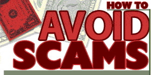 Red text reading "How to Avoid Scams" on a background with dollar bills