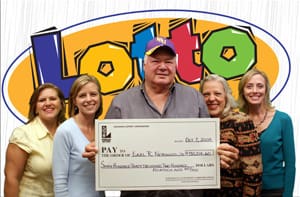 A man and four women smile with a giant check in front of a Lotto background
